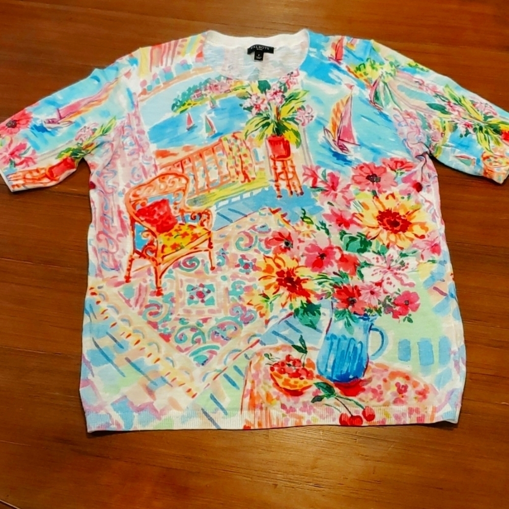 Talbots Petites Watercolor shortsleeve light sweater.